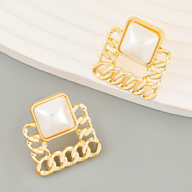 Chain type, square alloy, pearl earrings