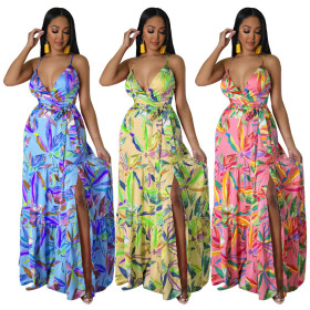Imitation silk, printing, V-neck, sling beach, dress