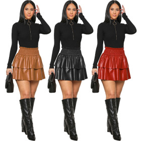 PU leather, pleated, double layer, puffy skirt