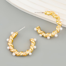 C-shaped, alloy inlaid with pearls, earrings