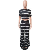 Stripe print, pit stripe, open navel, wide leg suit