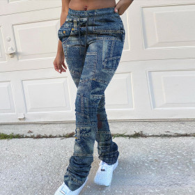 Street, casual, sports, imitation denim print, oversized pants