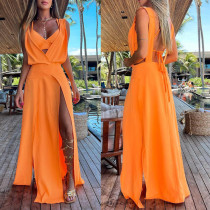 Solid color, sleeveless, backless two-piece suit, dress
