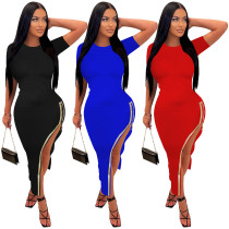 Round neck, short sleeve, large unilateral zipper, ironing dress
