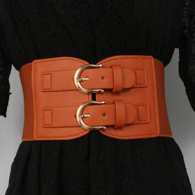 Belt, vintage, double-button PU leather elastic, elastic belt, ultra-wide waist