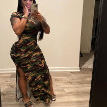Camo print, slim fit, side slit, short sleeve dress