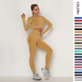 Pleated, seamless yoga suit, suit, high waist, tight-fitting exercise long sleeve, fitness yoga pants two-piece set