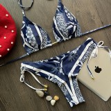 Swimwear, printed suspender, bikini split swimsuit