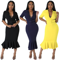 POLO neck, waist, ruffle, dress