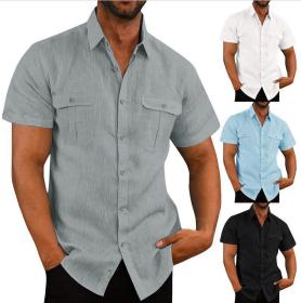 Shirt, double pockets, cotton and linen, short-sleeved shirt, shirt