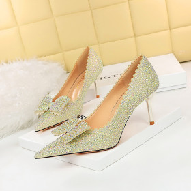 Banquet, thin heel, high heel, shallow tip, rhinestone bow, single shoe wedding shoes
