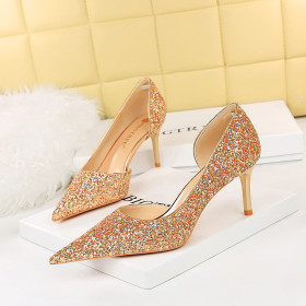 High heel, shallow mouth, pointed toe, side cut-out, sequin shoes