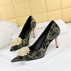 Metal heel, thin heel, high heel and shallow mouth, pointed rhinestone, pearl flower women's single shoes