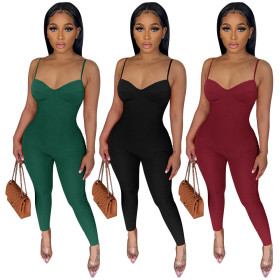 Sling, solid color, V-neck, elastic, small pit strip, one-piece trousers