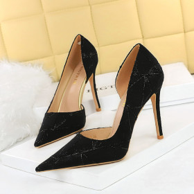 Nightclub, thin heel, super high heel, cloth surface, shallow mouth, pointed toe, side hollow high heel shoes