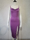 Temperament, suspender, solid color, split, dress
