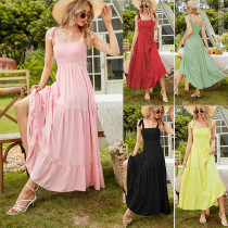 Solid color, large hem, pleated skirt, tie, bow dress