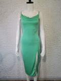 Temperament, suspender, solid color, split, dress