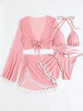 Swimwear, split, three or four pieces, solid color tassels, lace up, long sleeve
