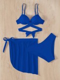 Split, three-piece set, solid color, lace up, steel bracket, bikini