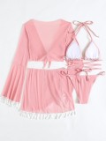Swimwear, split, three or four pieces, solid color tassels, lace up, long sleeve