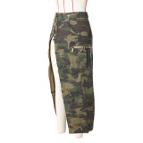 Camouflage, wash, pocket, slit fringed skirt