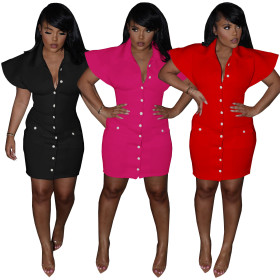 Solid color, lotus sleeve, cardigan dress, 2 real pockets