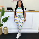 Cotton, stripe, positioning print, round neck, short sleeve, trousers suit