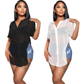 Perspective, long-sleeved, lapel, split, chiffon beach blouse