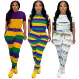 Cotton, stripe, positioning print, round neck, short sleeve, trousers suit