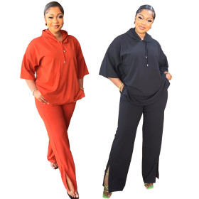 Short sleeve, hooded top, split straight pants, two-piece set