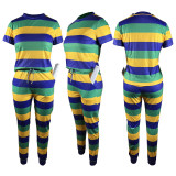 Cotton, stripe, positioning print, round neck, short sleeve, trousers suit