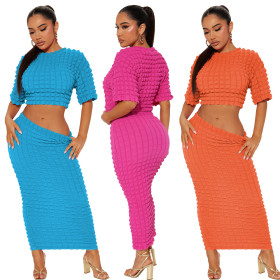 Round neck, mid-length skirt, two-piece set