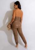 Off-shoulder, bra, tight-fitting, waist-fitting PU leather jumpsuit