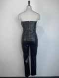 Off-shoulder, bra, tight-fitting, waist-fitting PU leather jumpsuit