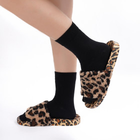 Leopard print flat bottom, fur slippers