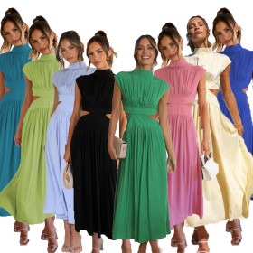 Standing collar, solid color, open waist, dress