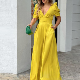 Yellow bubble sleeve, waist up, V-neck one-piece wide leg, flared pants