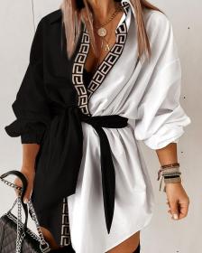 Black and white contrast long-sleeved shirt skirt