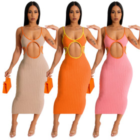 Solid color, hollow-out, hand-knitted, sweater color contrast dress