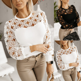 Hollow out, lace, stitching, round neck long-sleeved shirt