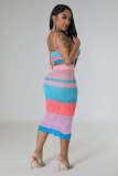Multi-color, color-blocking, woven beach skirt, two-piece set