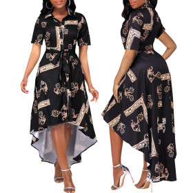 Digital printing, short sleeve, V-neck women's dress