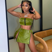 PU leather, zipper, belt slit, two-piece skirt suit