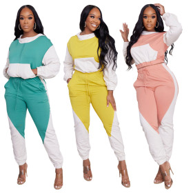 Panel, contrast color, half-high collar, hooded sports casual suit