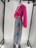 Colorful printing, hip wrap, two-piece long-sleeved skirt