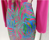 Colorful printing, hip wrap, two-piece long-sleeved skirt