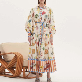 Fruit print dress, lapel, lantern sleeve lace-up dress