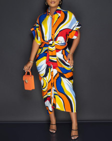 Colorful print, shirt skirt - with belt