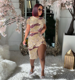 Camouflage, floral, hip mini skirt, short sleeve suit